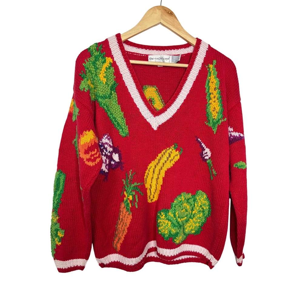 Vintage 1991 The Eagles Eye Eat Your Veggies Vegetable Red Knit Sweater Medium